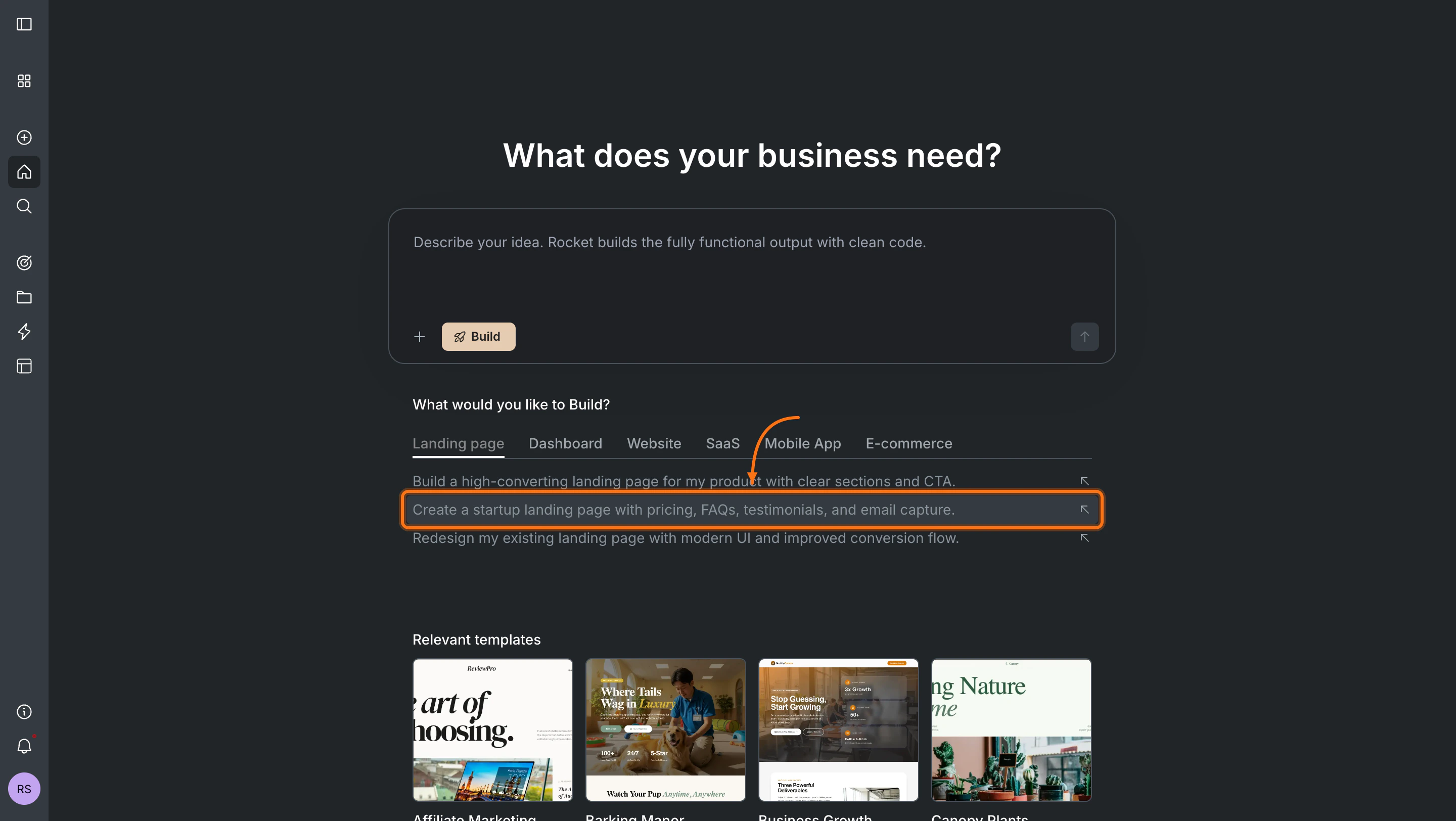 Build category tabs with example prompt suggestions. A suggestion is highlighted and auto-fills into the input.