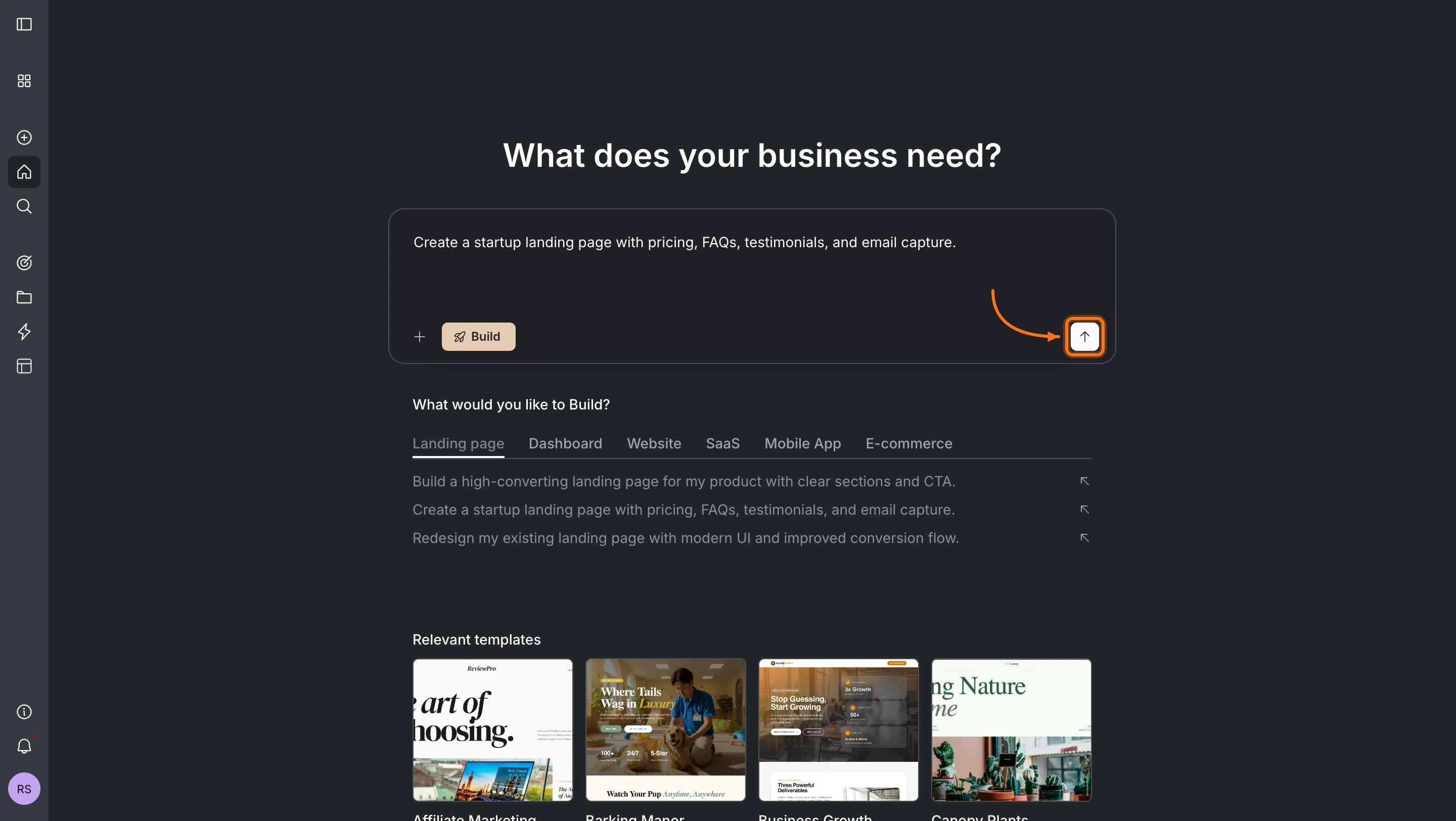 Prompt filled in the input box with the send button highlighted.