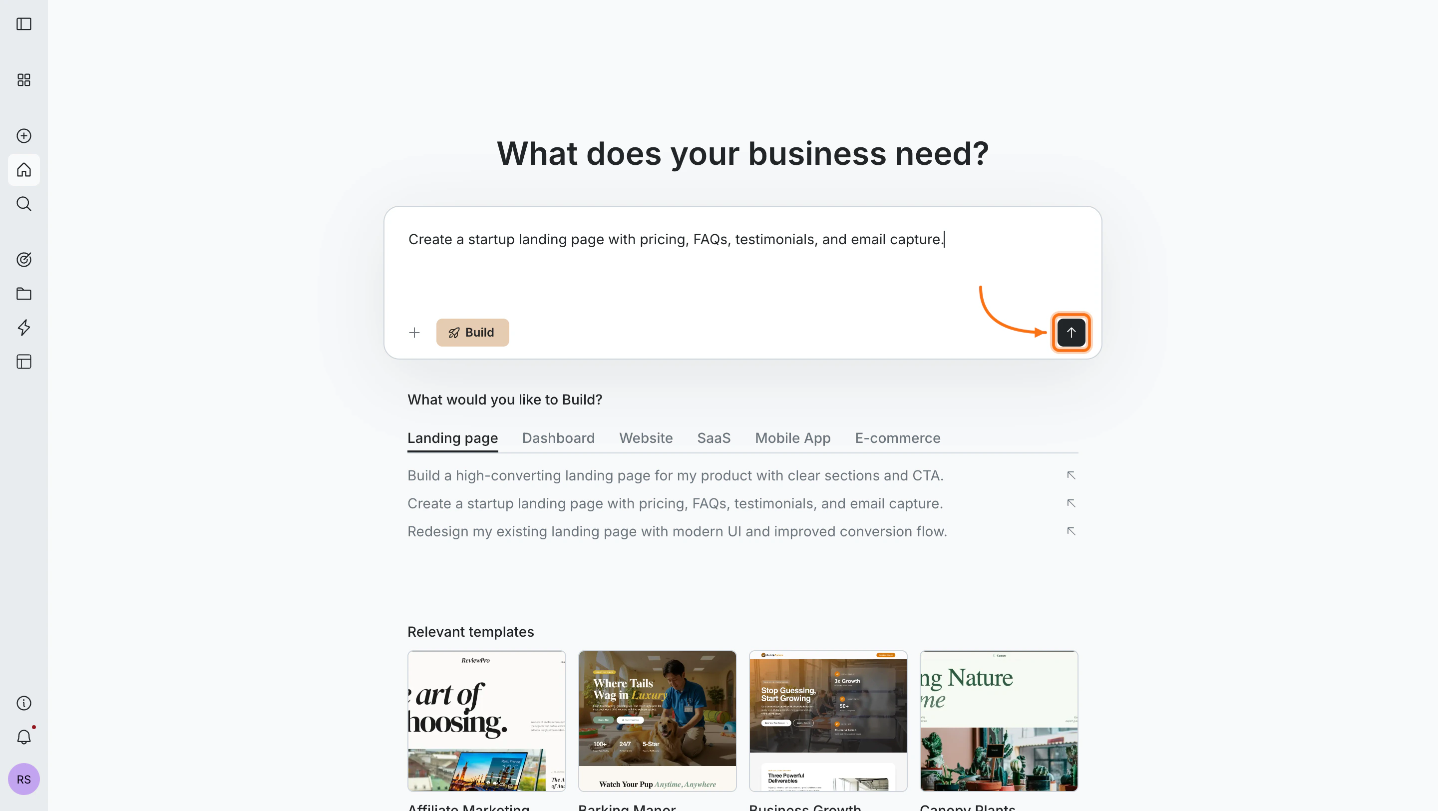 Prompt filled in the input box with the send button highlighted.