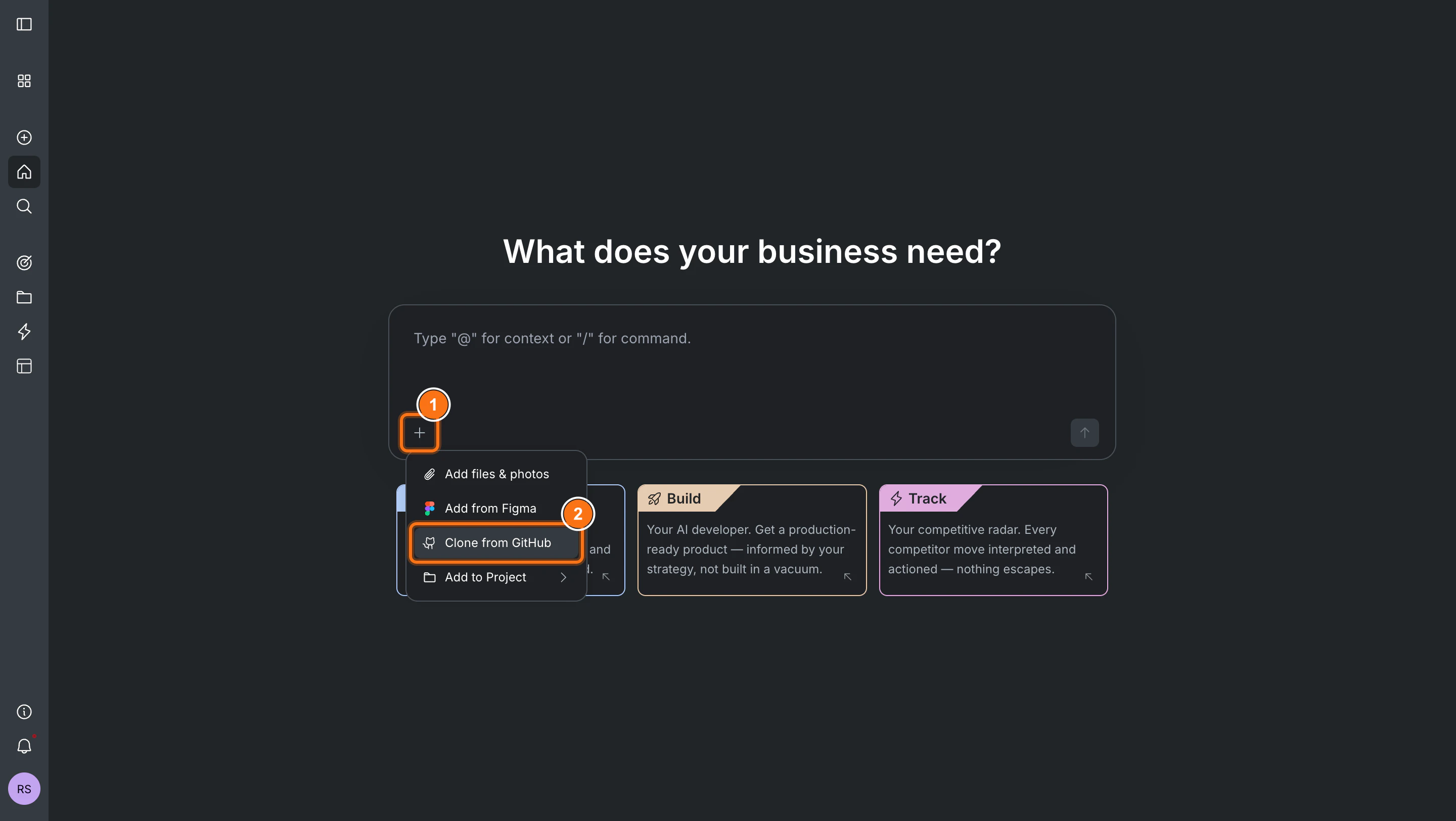 Rocket homepage with the + menu open, highlighting the Clone from GitHub option.