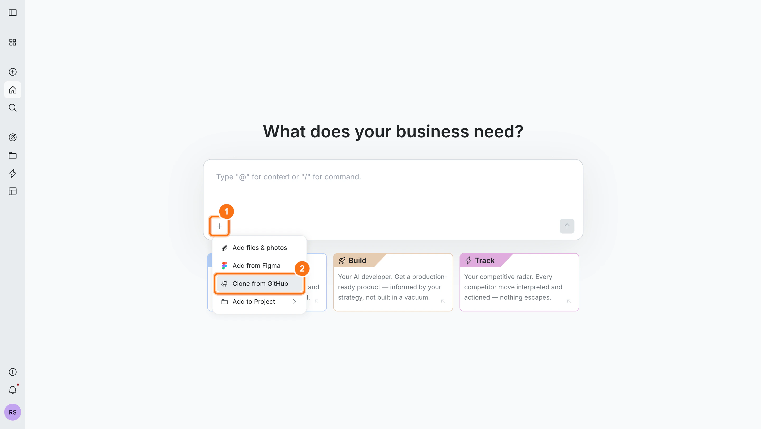 Rocket homepage with the + menu open, highlighting the Clone from GitHub option.