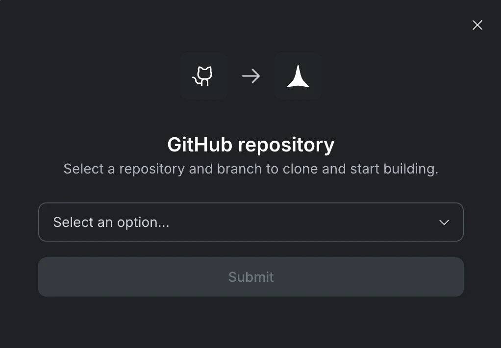 GitHub repository selection dialog with a dropdown to pick a repository and branch.