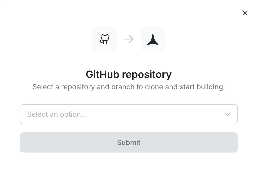 GitHub repository selection dialog with a dropdown to pick a repository and branch.