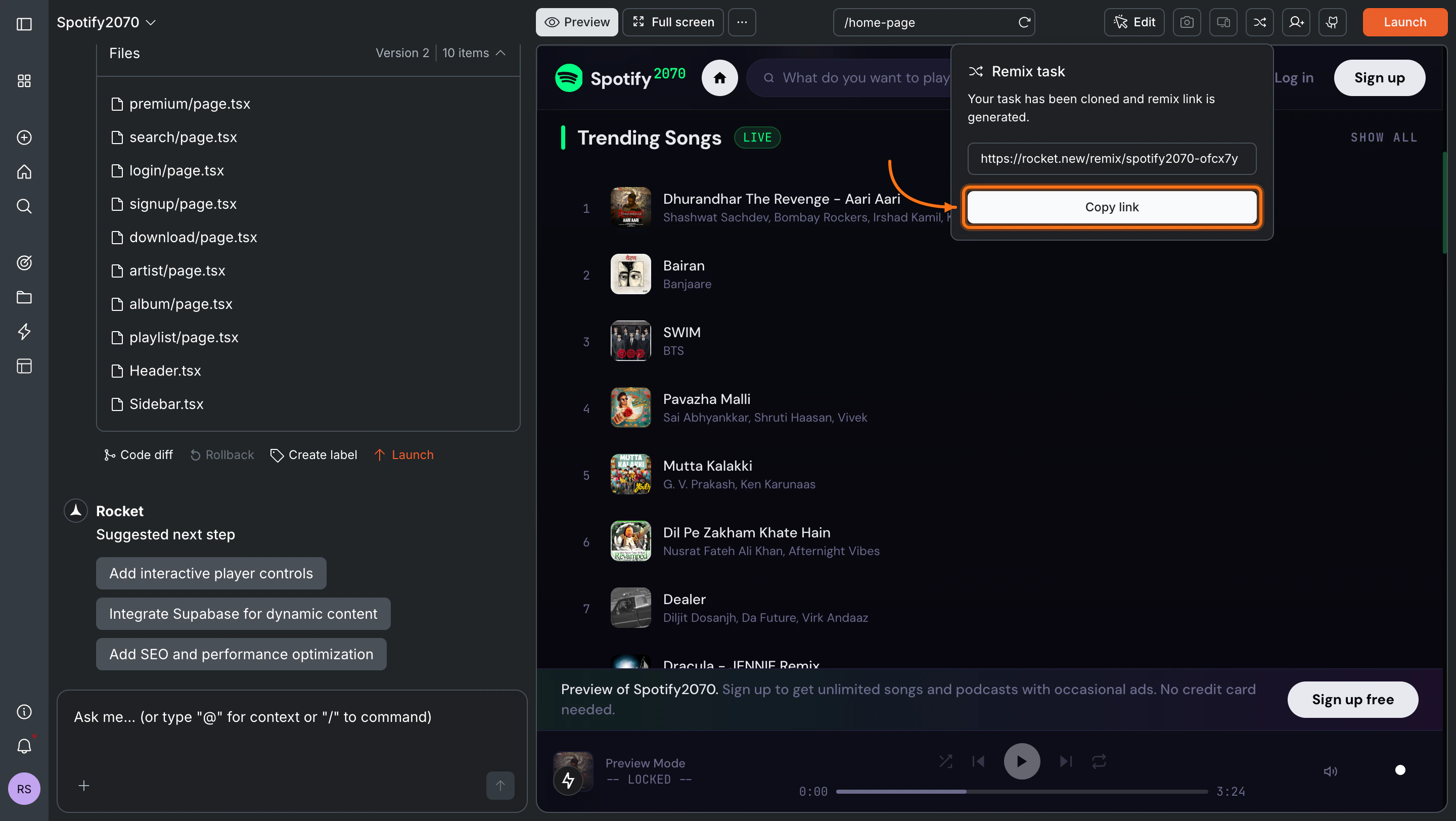 Remix task popup showing the generated remix URL with a Copy link button.