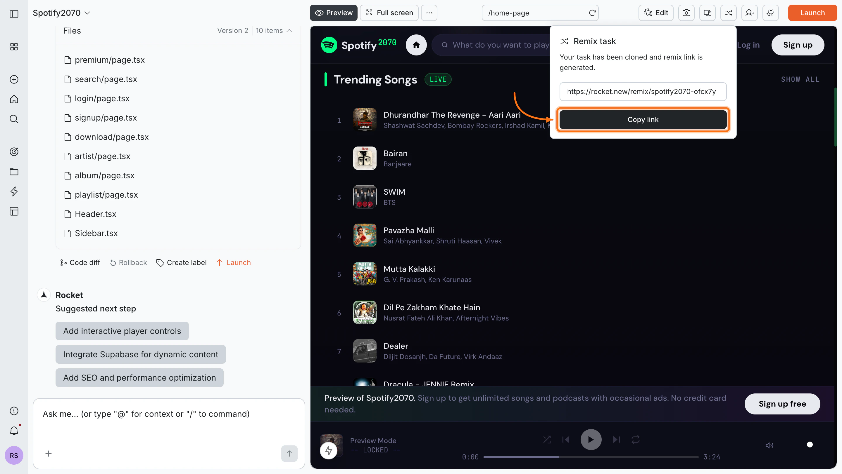 Remix task popup showing the generated remix URL with a Copy link button.