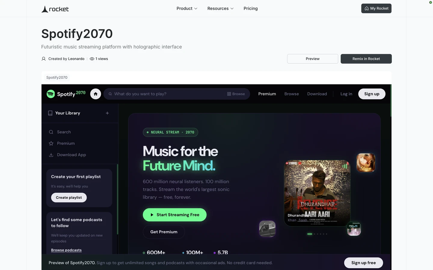 Remix link preview page showing the task title, description, view count, Remix in Rocket button, and a live preview of the app on the right.