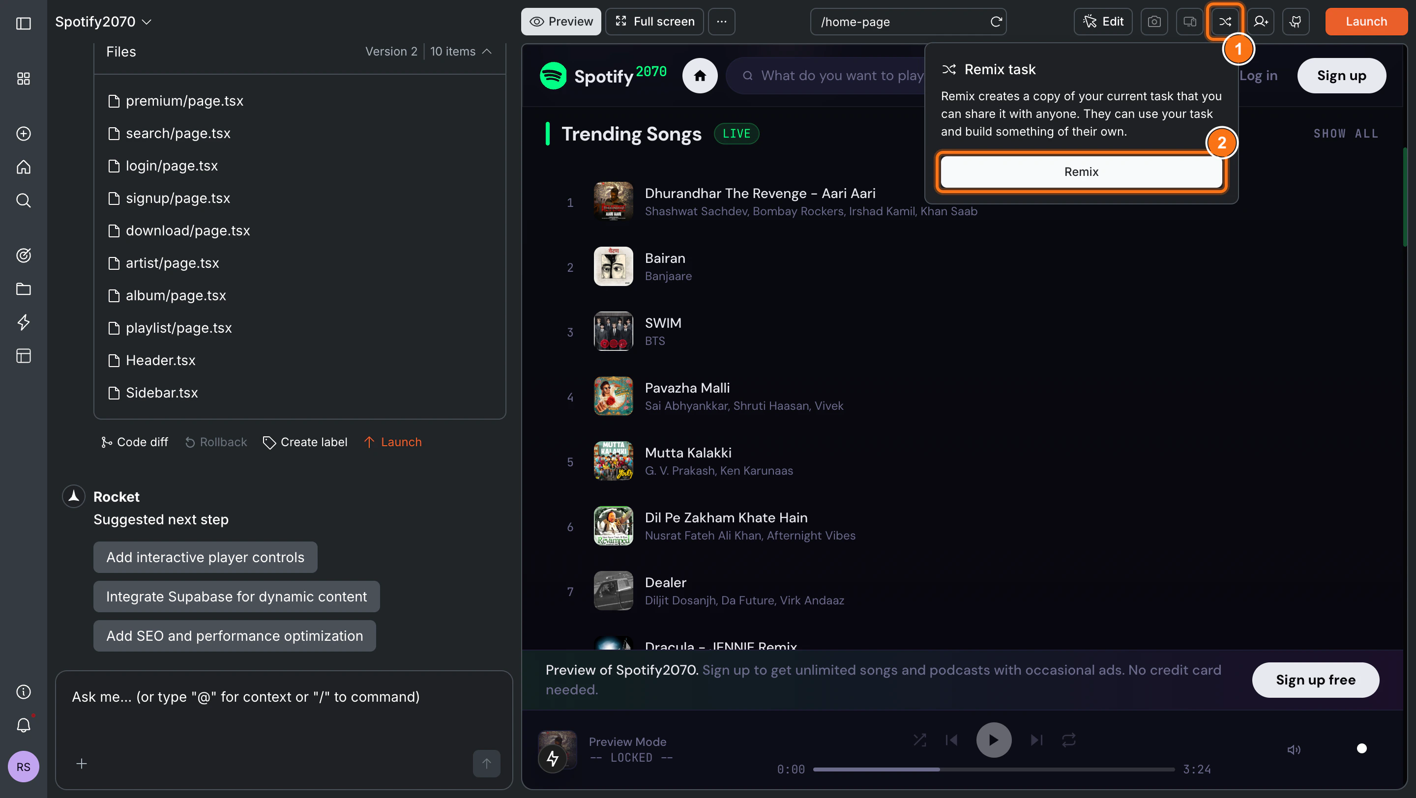 Rocket task editor with the Remix task popup open, showing the Remix button.