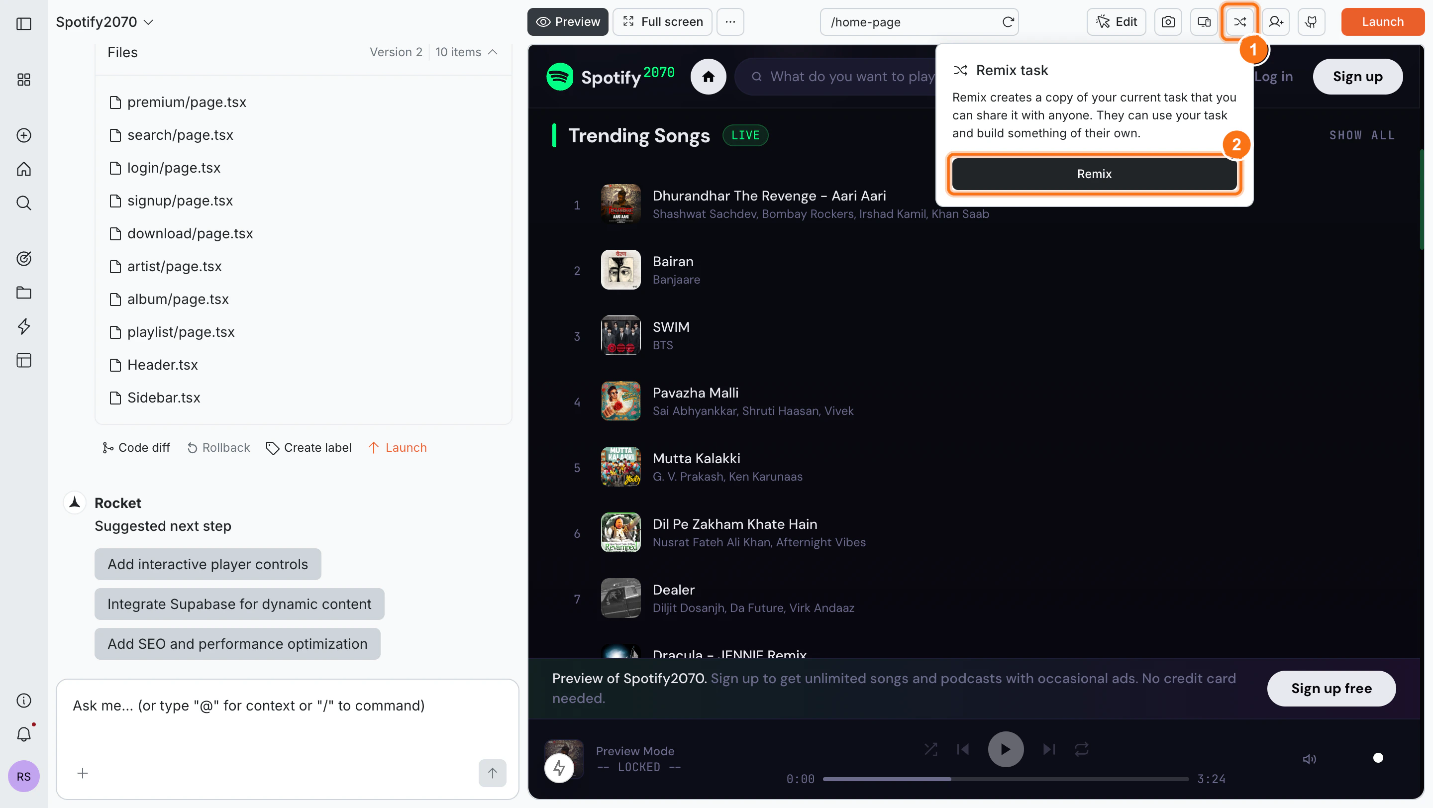 Rocket task editor with the Remix task popup open, showing the Remix button.