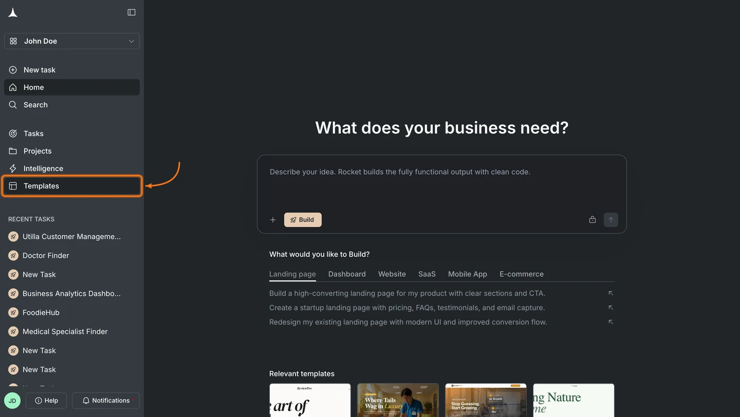 Sidebar open with Templates option highlighted.