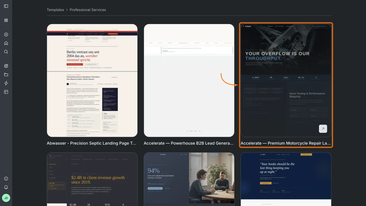 Individual template cards inside a category with a live preview link icon.
