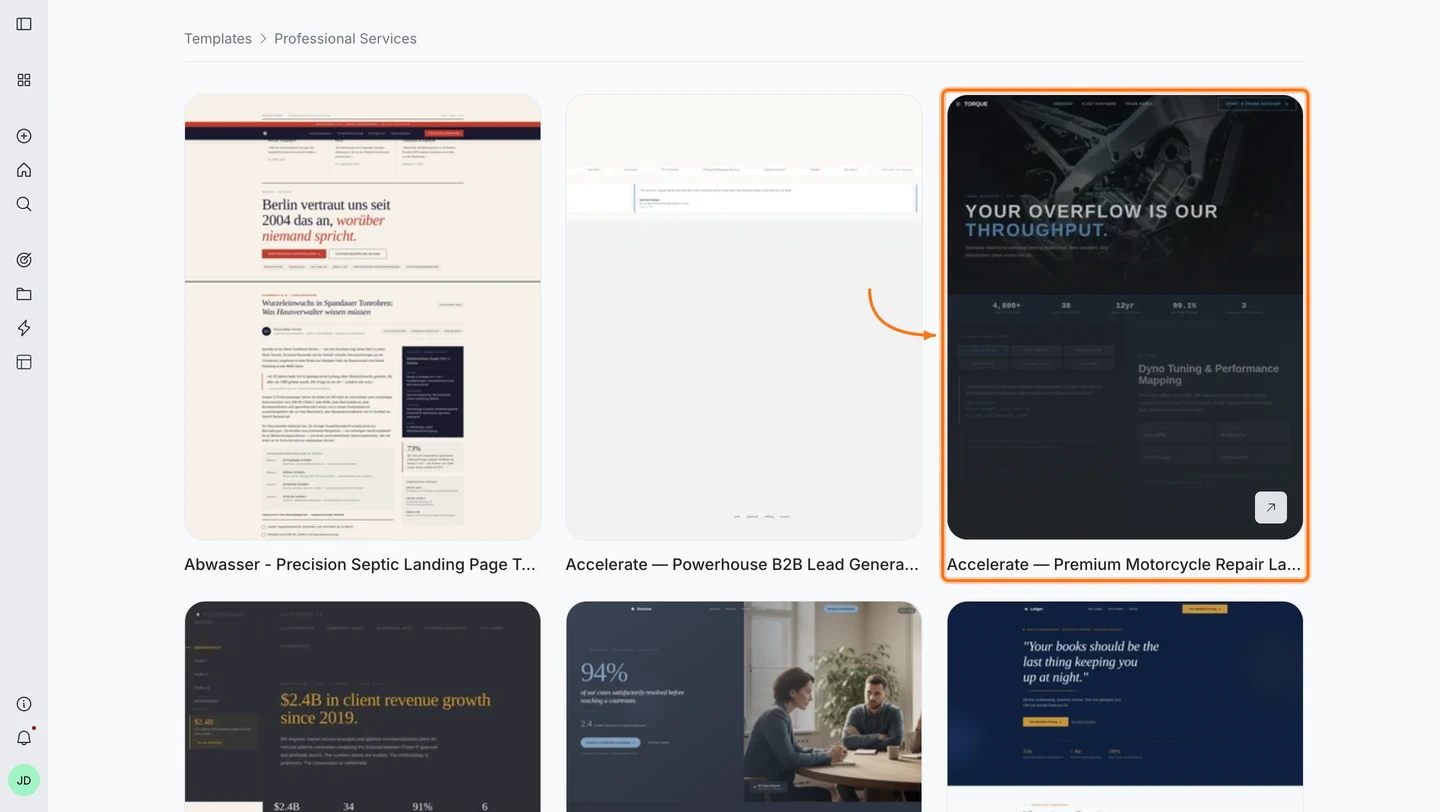 Individual template cards inside a category with a live preview link icon.