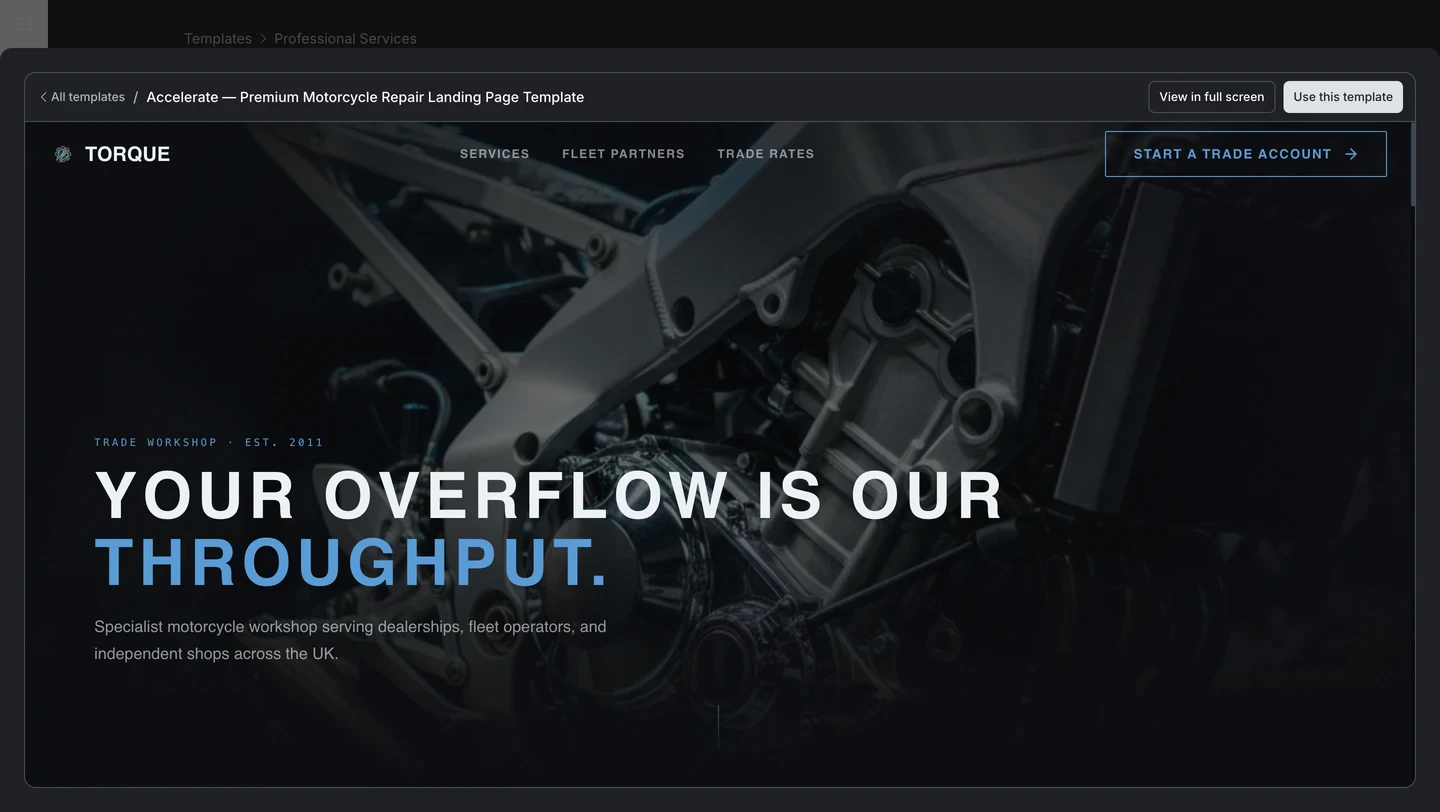 Template preview modal with Use this template button.