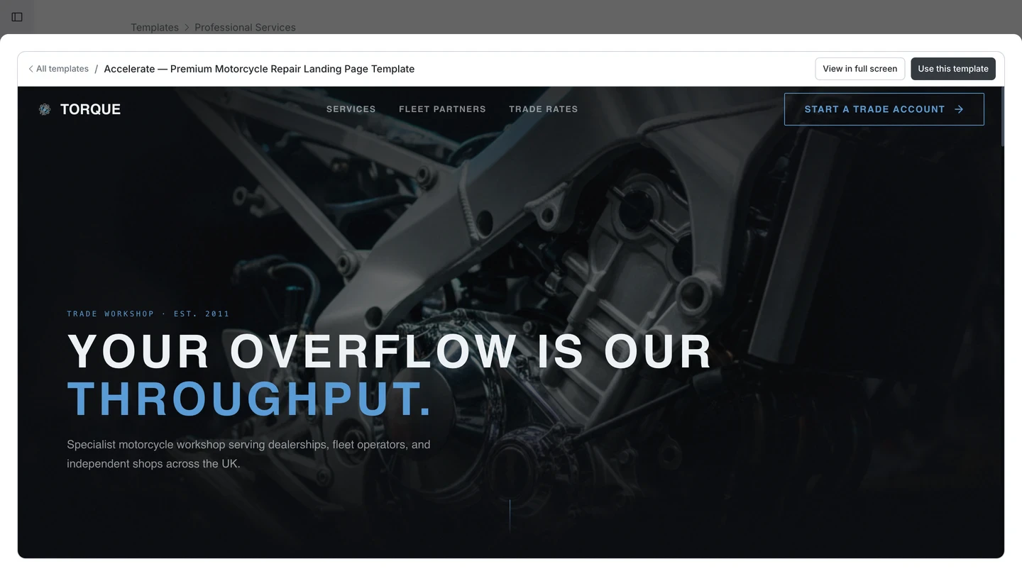 Template preview modal with Use this template button.