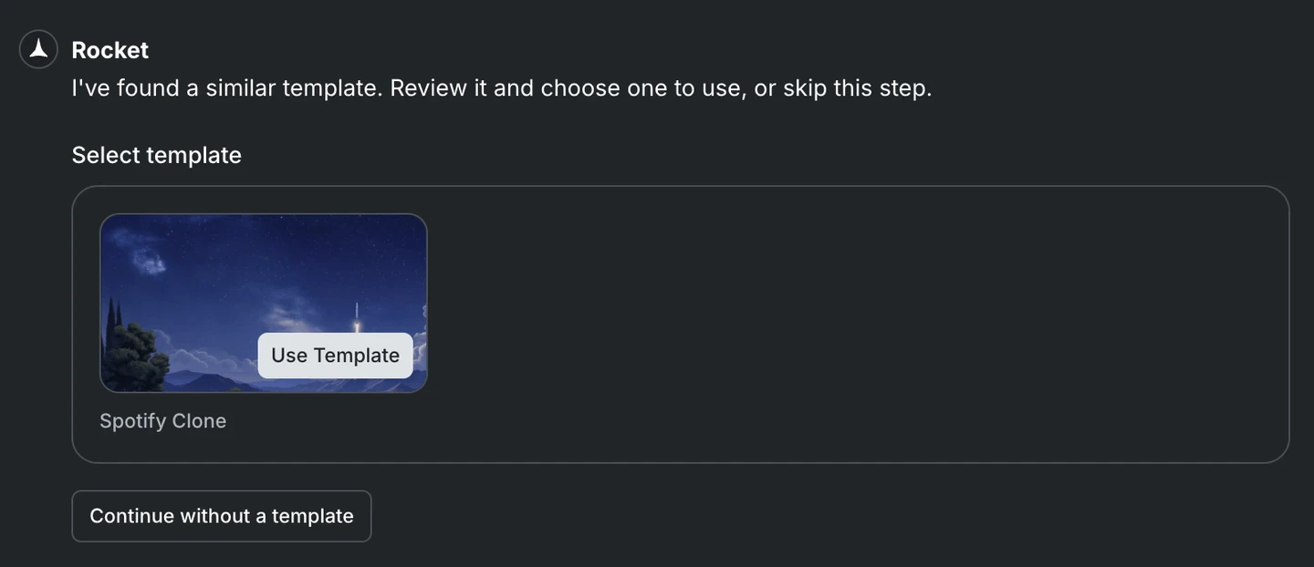 Template suggestion modal showing a Spotify Clone card with Use Template and Continue without a template buttons.