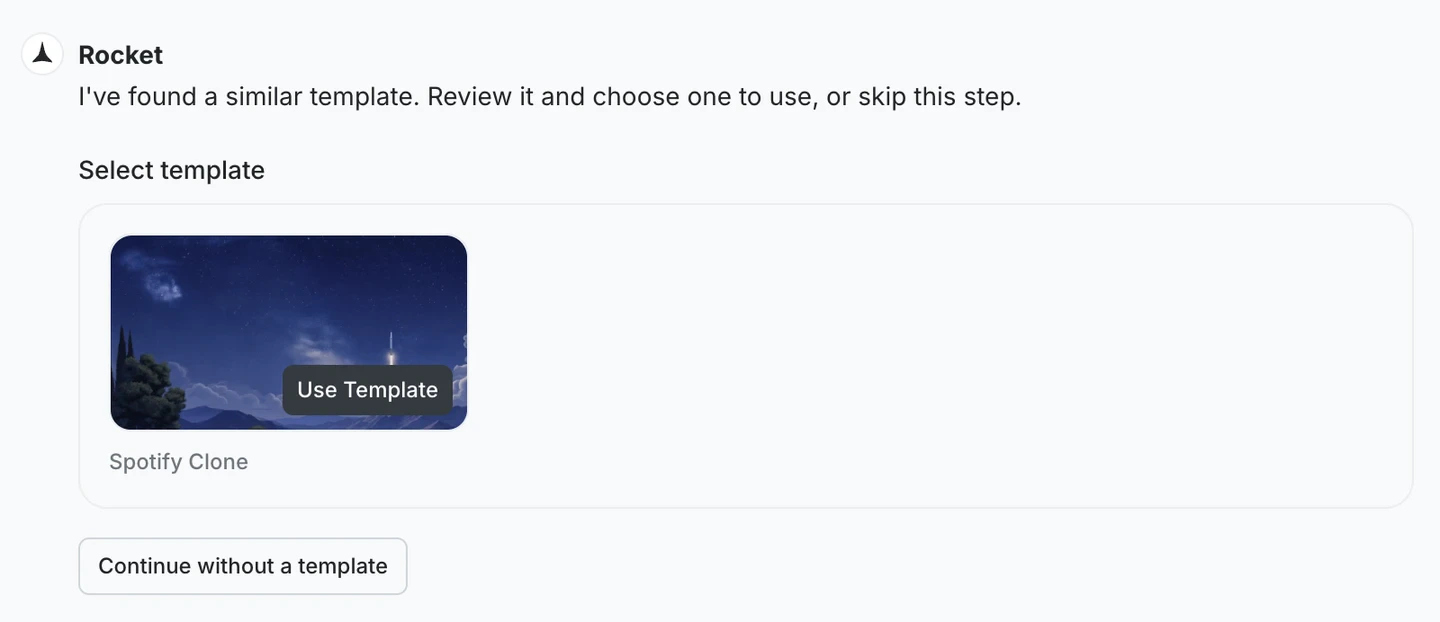 Template suggestion modal showing a Spotify Clone card with Use Template and Continue without a template buttons.