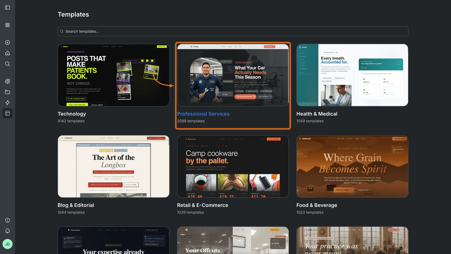 Template library showing a grid of categories.