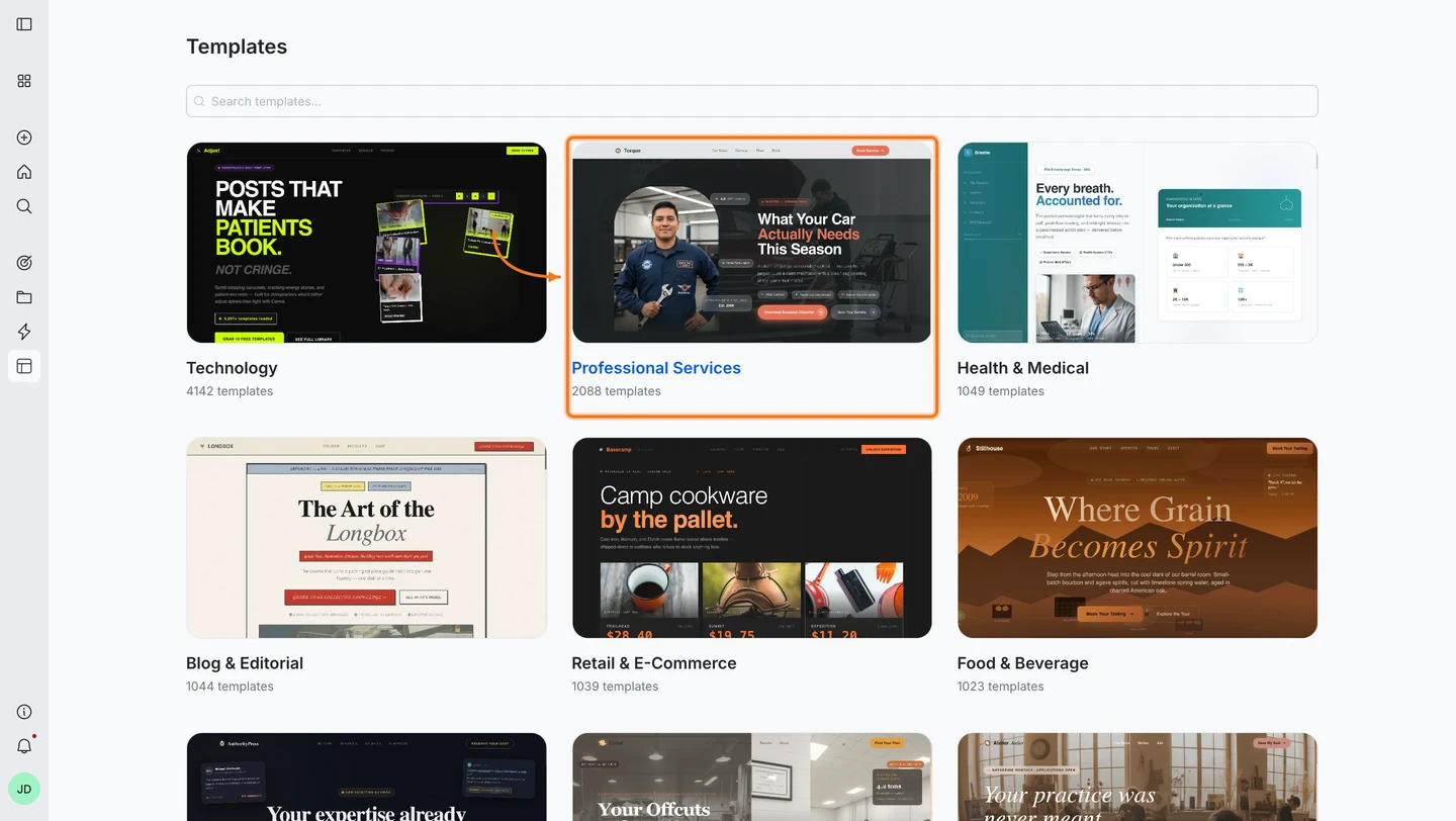 Template library showing a grid of categories.