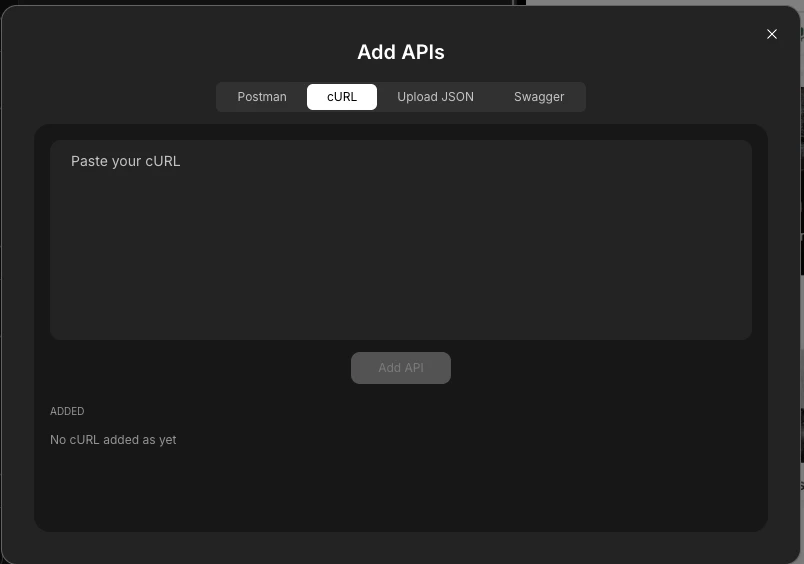cURL import tab with command input field.