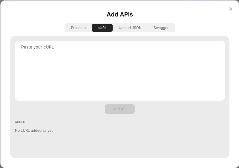 cURL import tab with command input field.