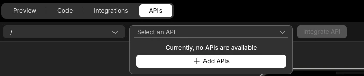 APIs section showing no APIs available with Add APIs button.