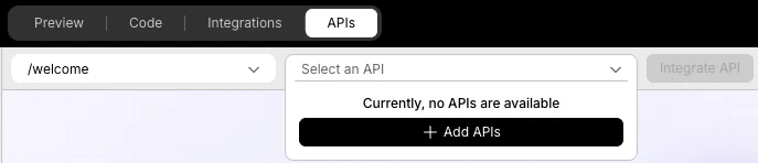 APIs section showing no APIs available with Add APIs button.