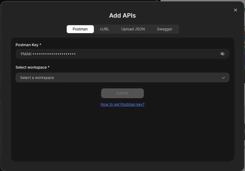 Postman import tab showing key input and workspace selection.