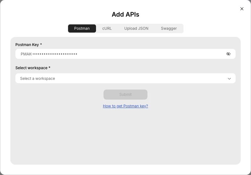 Postman import tab showing key input and workspace selection.
