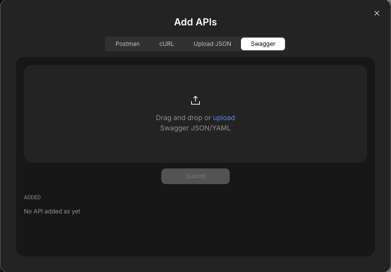 Swagger import tab with file upload option.