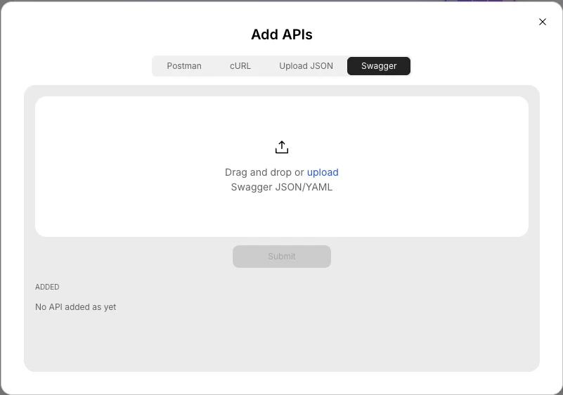 Swagger import tab with file upload option.
