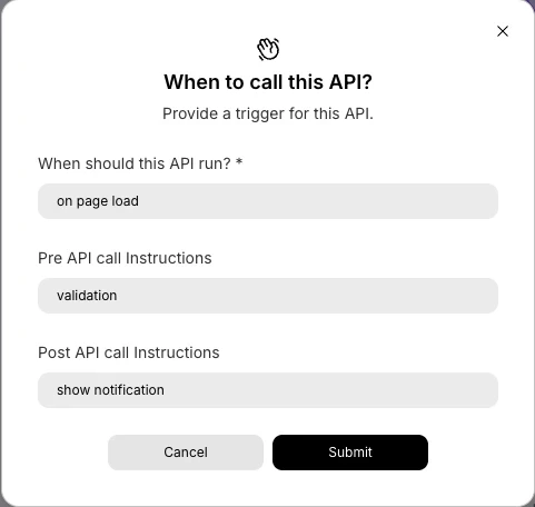 Modal showing trigger options for API calls.