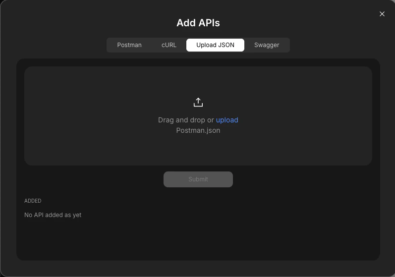 Upload JSON tab with file upload option.