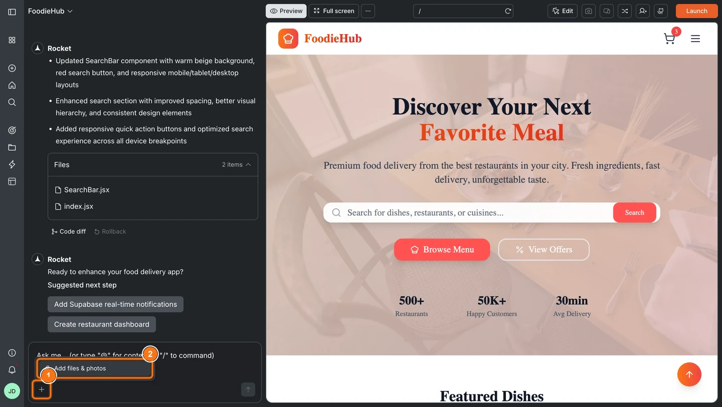 Chat input with the + button attachment picker open showing Add files & photos option.