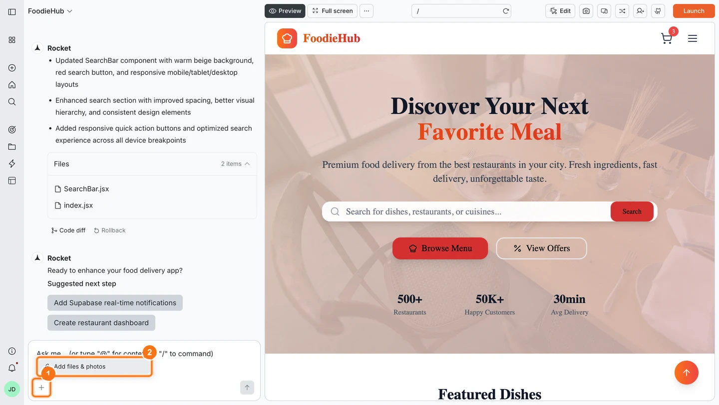 Chat input with the + button attachment picker open showing Add files & photos option.