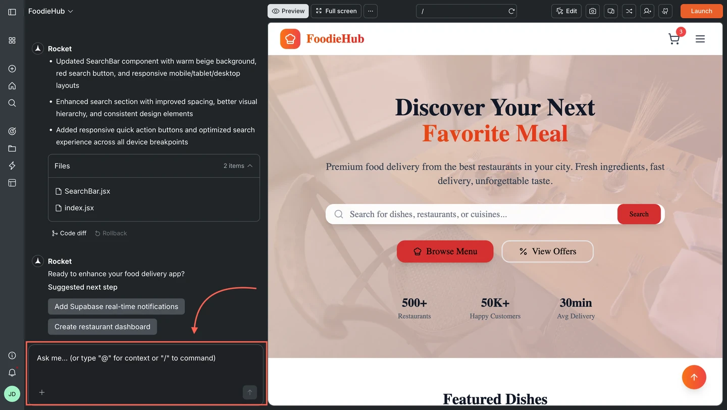 Rocket chat interface showing a message thread with live app preview.
