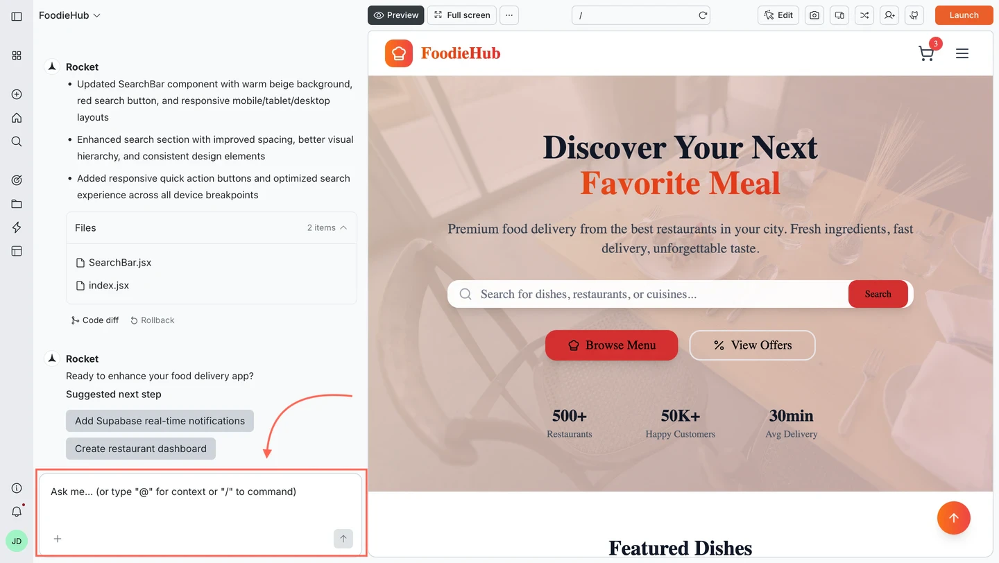Rocket chat interface showing a message thread with live app preview.