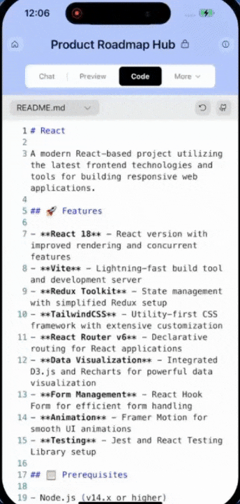 Browsing files in Rocket code view on mobile.