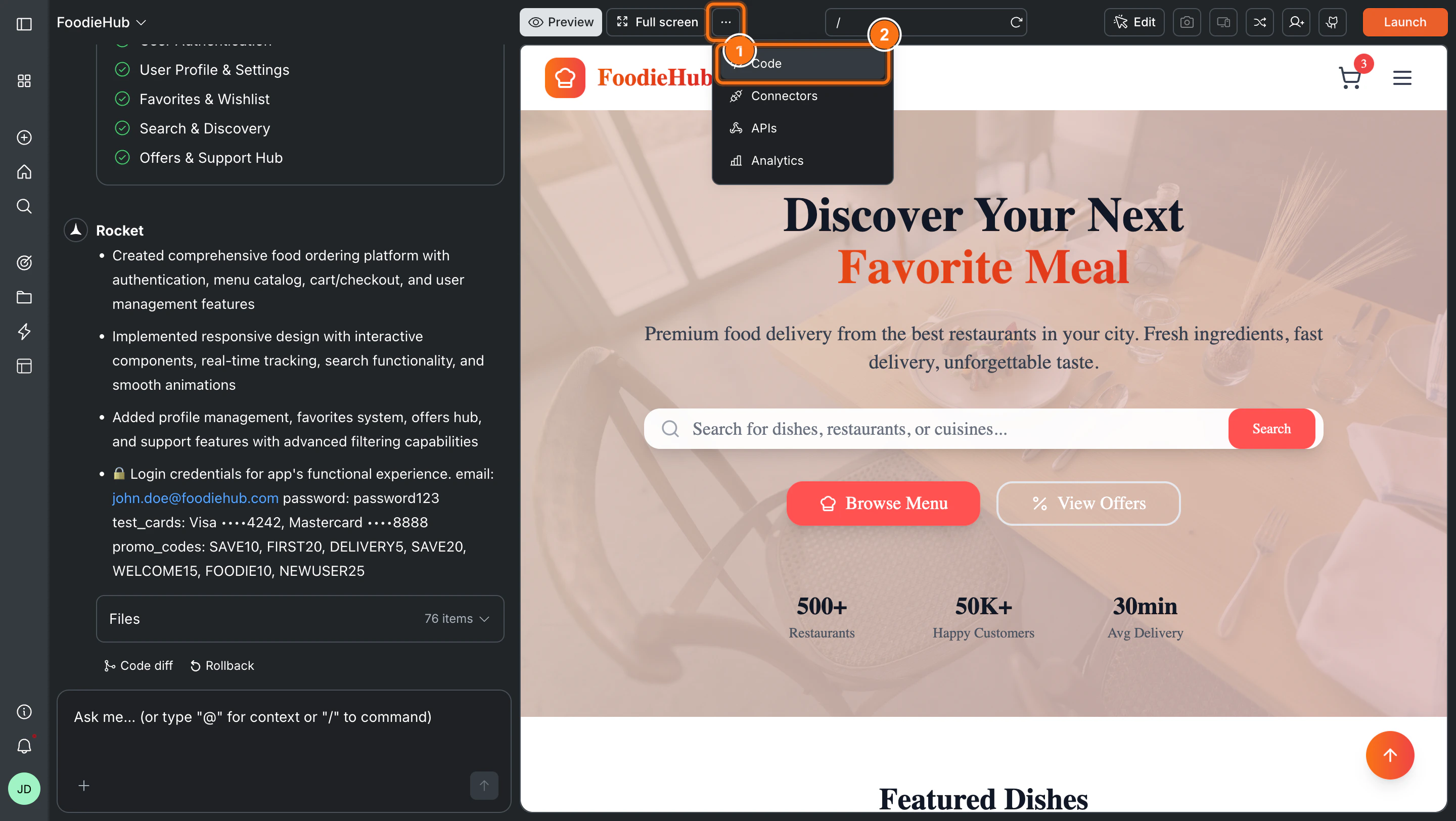 Rocket code editor with file explorer and output panel visible.