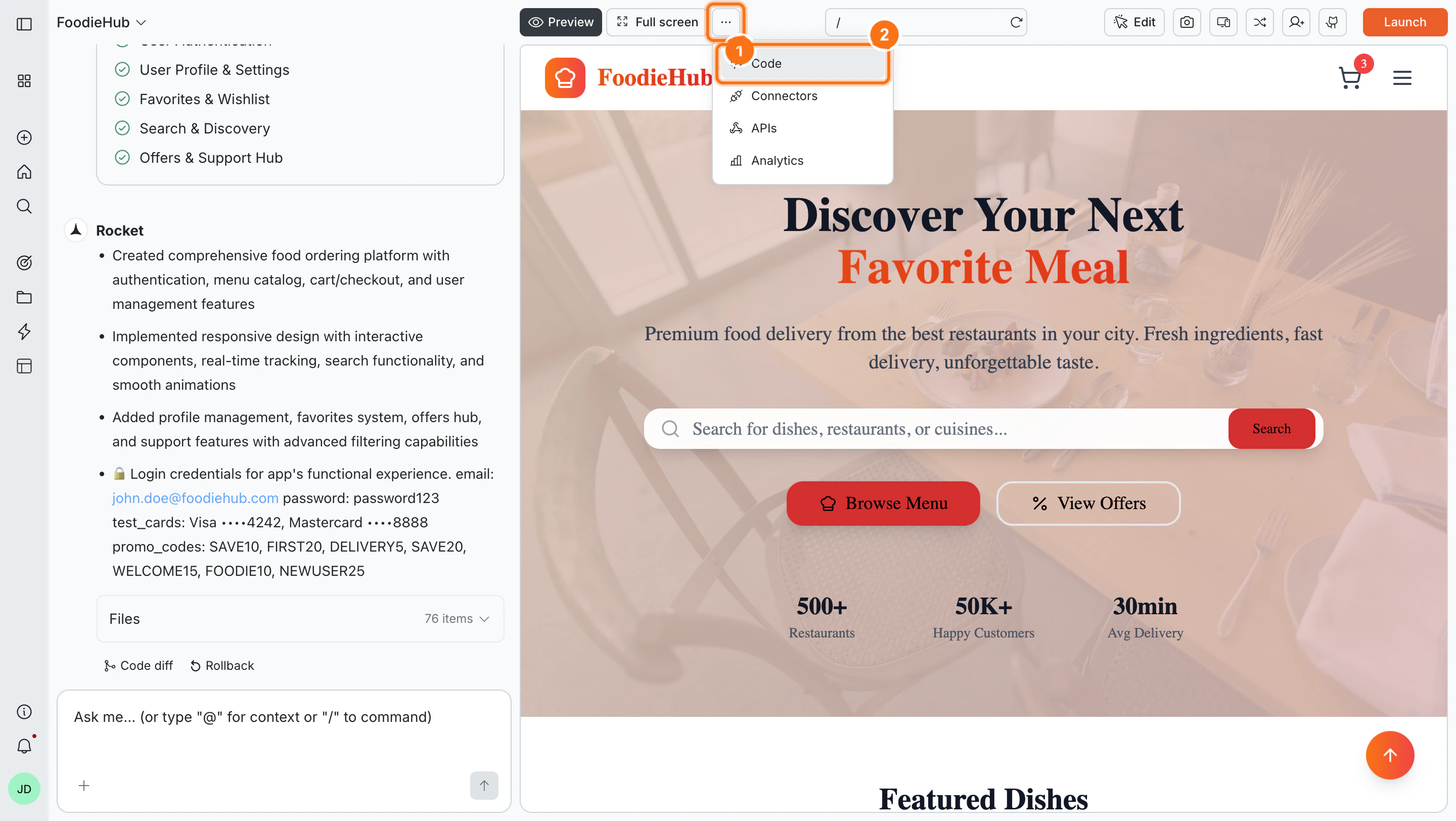 Rocket code editor with file explorer and output panel visible.
