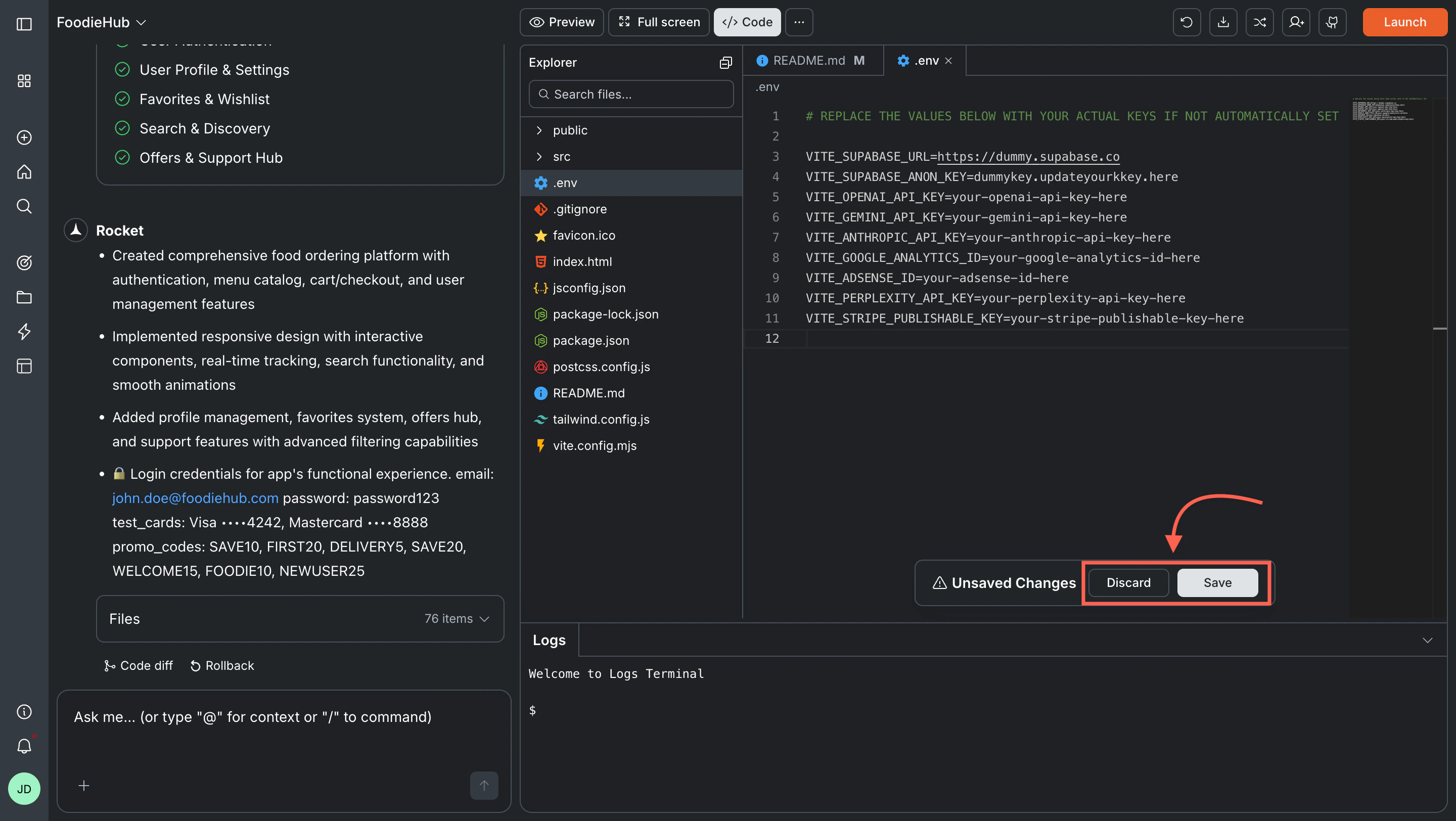 Rocket editor with unsaved changes and save/discard options.