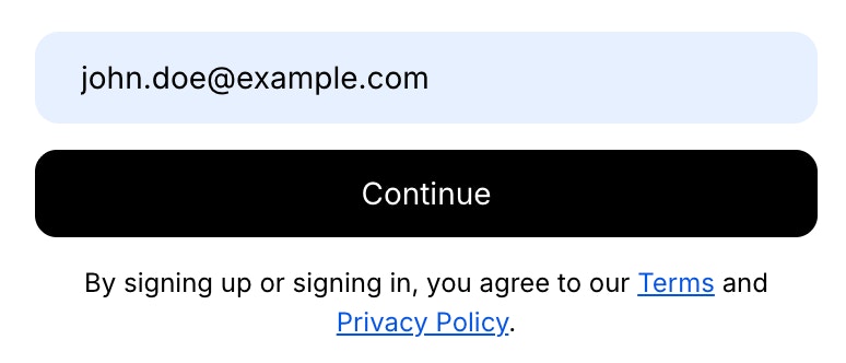 Email sign-up screen with input field and Continue button.