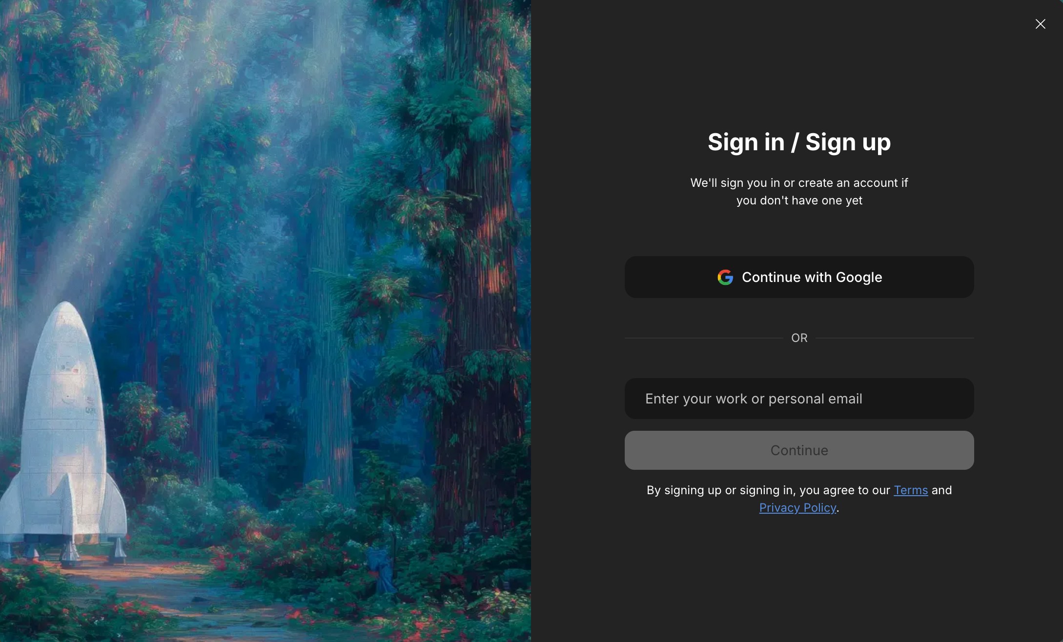 Sign-up window showing Google login and email field.