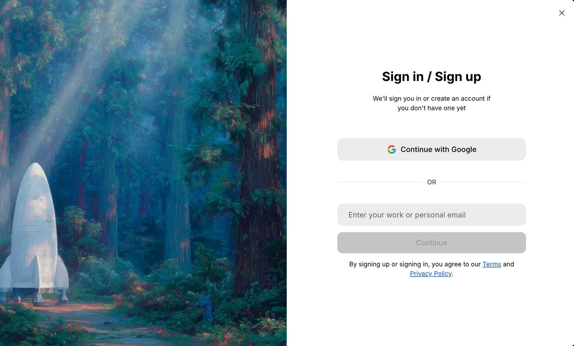 Sign-up window showing Google login and email field.