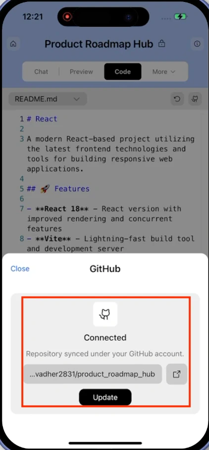 GitHub update button on mobile.