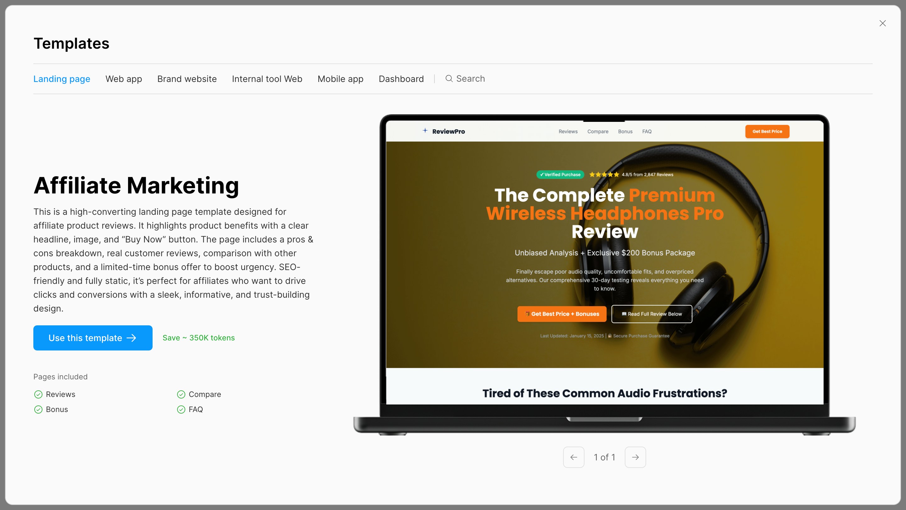Detailed view of a selected template