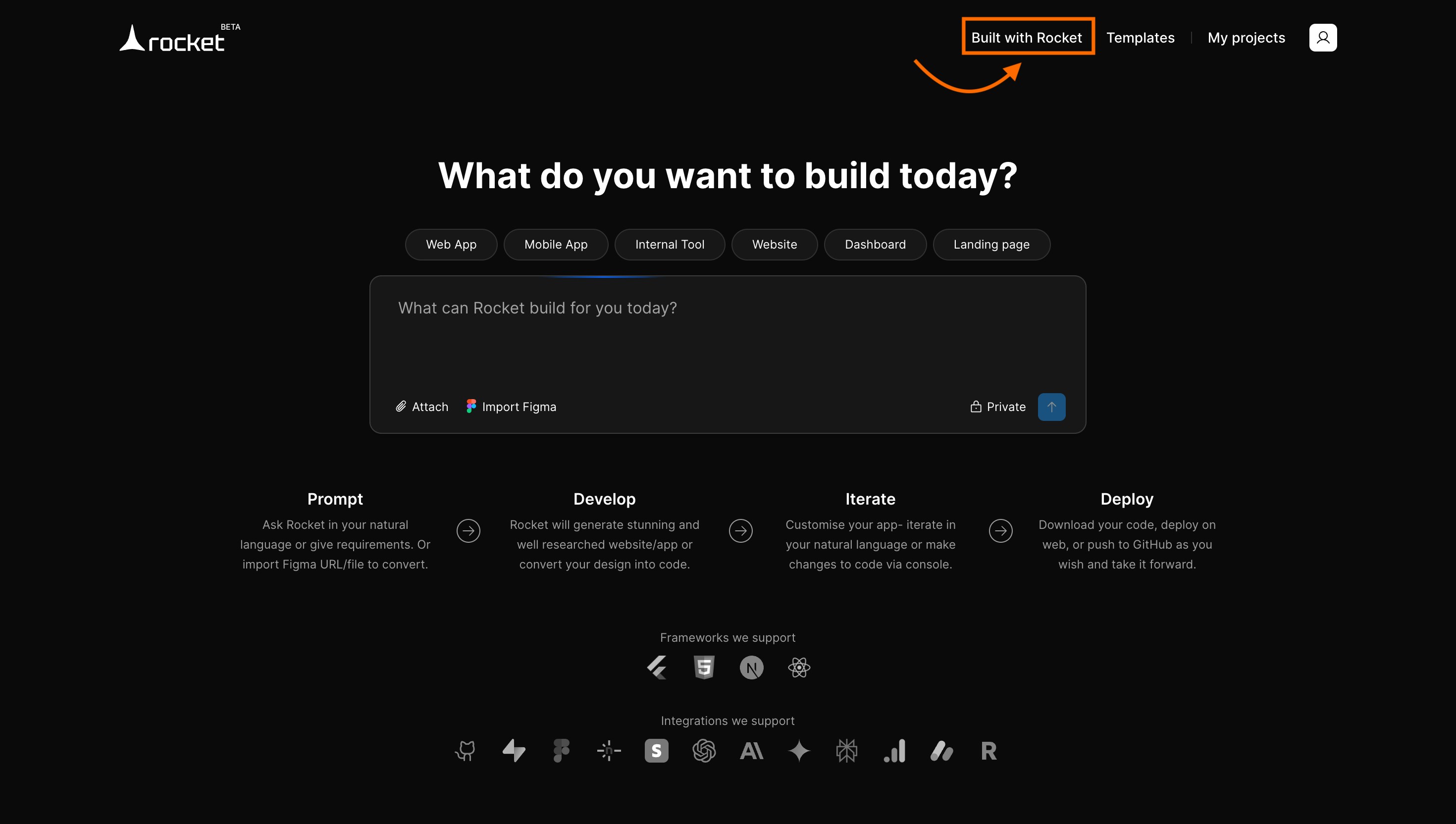 Built with Rocket tab shown on Rocket landing page