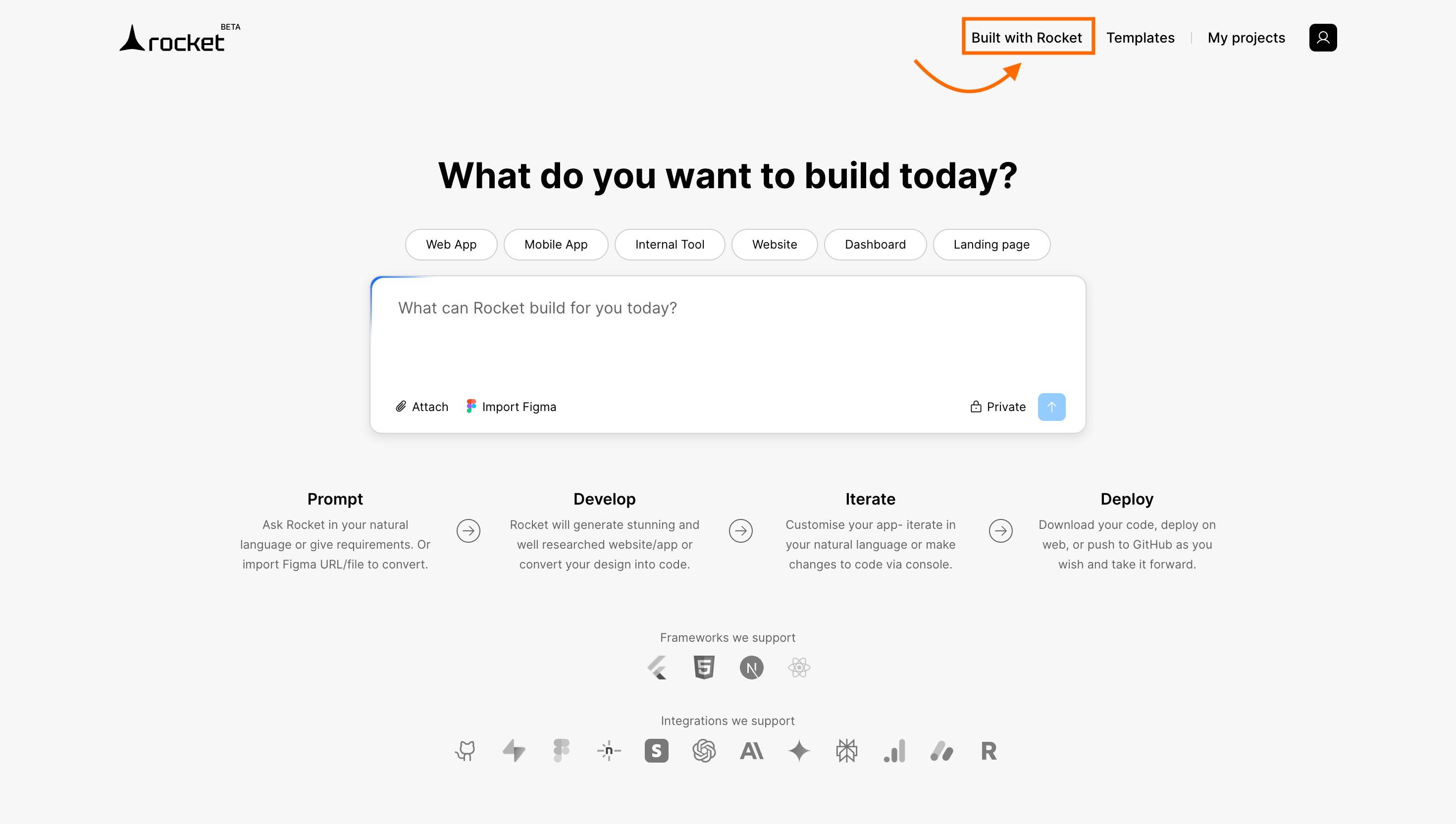 Built with Rocket tab shown on Rocket landing page