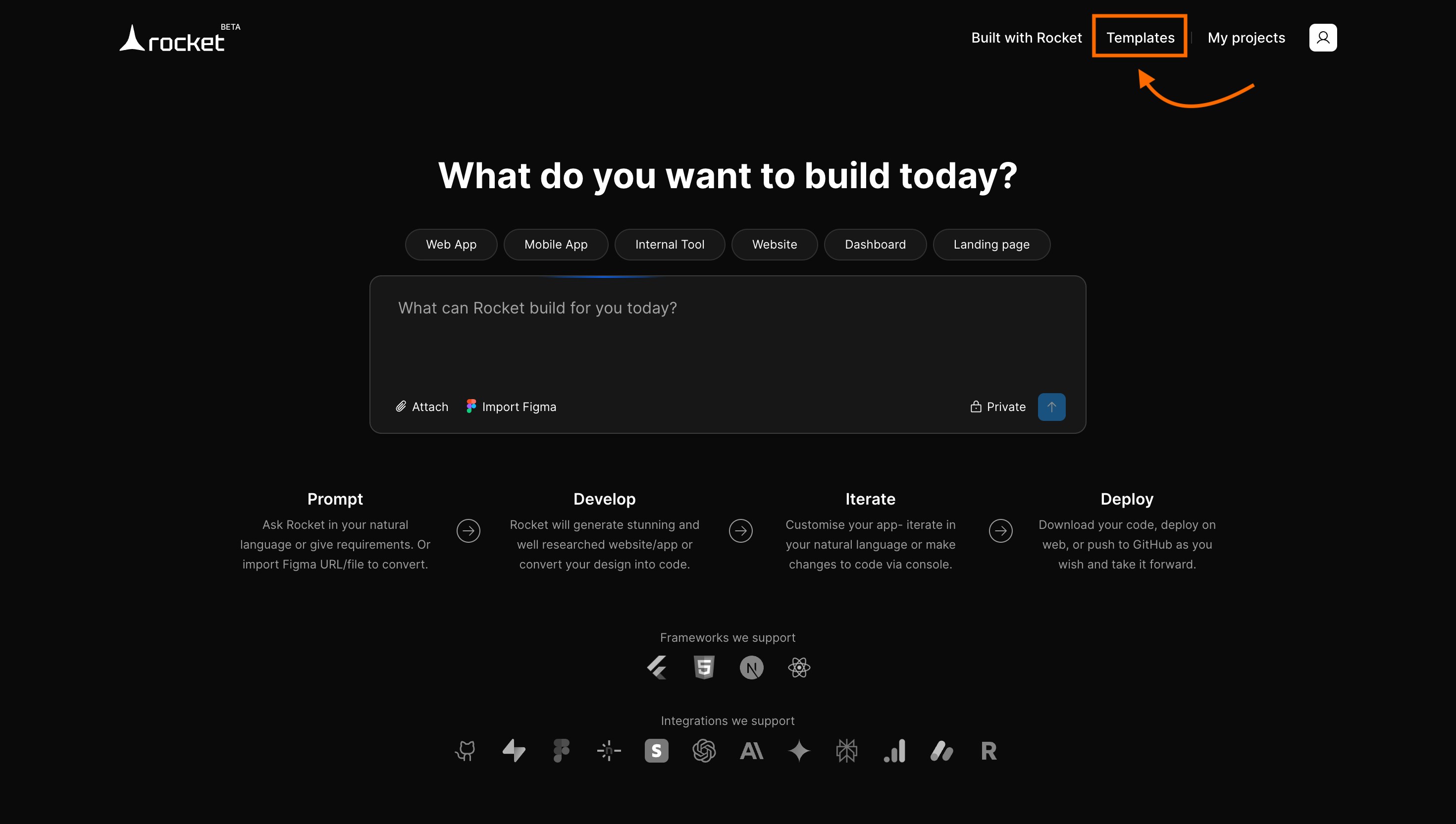 Landing Screen with Templates navigation