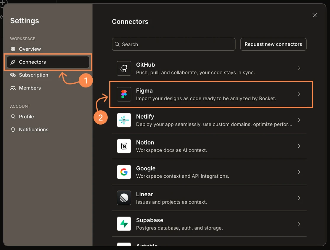 Settings panel showing the Connectors tab with a list of services including GitHub, Figma, Netlify, Notion, Google, Linear, and Supabase.