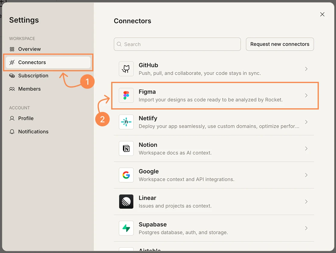 Settings panel showing the Connectors tab with a list of services including GitHub, Figma, Netlify, Notion, Google, Linear, and Supabase.