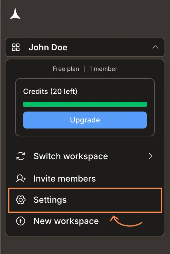 Workspace menu with Settings highlighted.